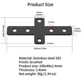 10 Pcs Cross Shaped Metal Flat Plates, 6 Holes Flat Connectors for 2020 Aluminum Extrusion Profile Connecting Plates, Black Flat Straight Repair Joining Fixing Mending Support Plates, 4" x 1-7/8”