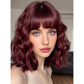 Red Wig with Bangs Short Curly Bob Wine Red Wigs for Women 14 Inch Shoulder Length Natural Looking Hair Replacement Wigs for Cosplay Party Use
