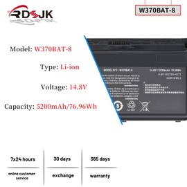W370BAT-8 Battery Compatible Clevo W350ET W350ST W350ETQ W355STQ W370ET W370SK Sager NP6350 NP6370 Hasee CW35S Series 6-87-W37SS-427 6-87-W370S-427 6-87-W37ES-427 6-87-W370S-4271 14.8V 5200mAh 76.96Wh
