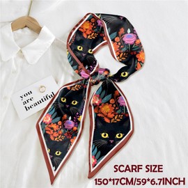 Zewurtuw Scarf Silk Feeling Hair Head Long Neck Satin Fashion Scarfs for Bag Decoration Women Girls Cute Aesthetic 59 * 6.7”-Cat Flower
