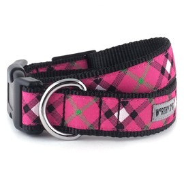 The Worthy Dog Bias Plaid Pattern Designer Adjustable and Comfortable Nylon Webbing, Side Release Buckle Collar for Dogs - Medium, Pink/Black