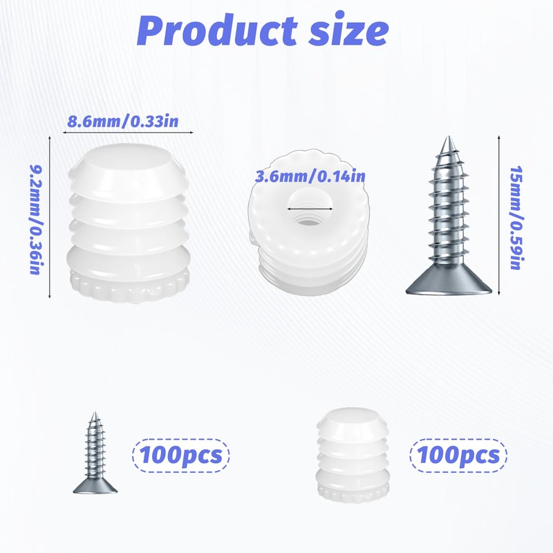 100 Pack Plastic Hinge Dowel Inserts with Screws, Plastic Dowel