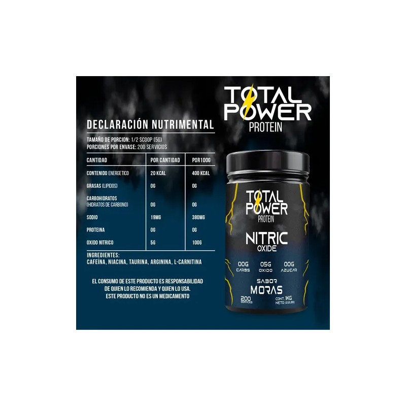 Pre Entreno Óxido Nítrico Total Power 1 Kg 100 Servicios