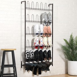 MyGift 5-Tier Wall Mounted Dark Brown Metal 18 Pair Boot and Shoe Storage Rack Organizer Stand