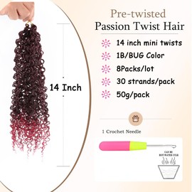 XGY Hair 14 Inch Yanky Twist Crochet Hair Ombre Burgundy 8 Packs Bohemian Passion Mini Twist Crochet Hair Pre-looped Crochet Braids Plus Yanky Twist Hair Extensions for Women (1B/BUG#)