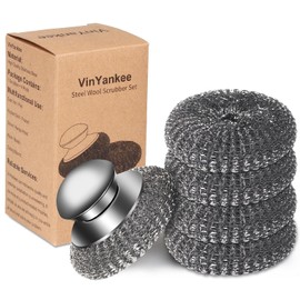 5Pcs Steel Wool Scrubber with Replacement Wire Pads Set, Stainless Steel Scrubber with Handle for Scouring Stubborn Messes from Cast Iron, Pots, Pans, Grill, Stoves, Sink(1 Scrubber+4 Pads)