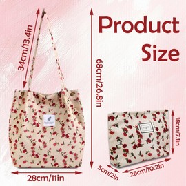 Leseogye 2pcs Aesthetic Floral Makeup Bag and Cute Tote Bag for Women, Large Capacity Make up Pouch Grocery Bag for Travel Work Gym