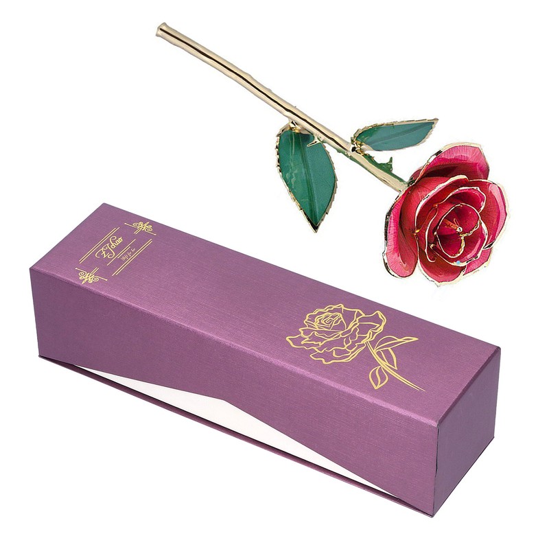 24K GoldPlated Rose Flower Pink Green Leaf for Valentine's Day