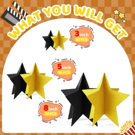 70 Pcs Black and Gold Star Centerpieces Black and Gold Party Birthday Decorations 3D 2025 Graduation Table Decor 3 Sizes 8" 5" 3" Red Carpet Film Show Theme Engagement Anniversary Supplies