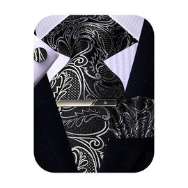 ROBERTO GABBANI Mens White and Black Paisley Tie and Pocket Square Set, Silk Tie Handkerchief Cufflinks and Clip Set for Men