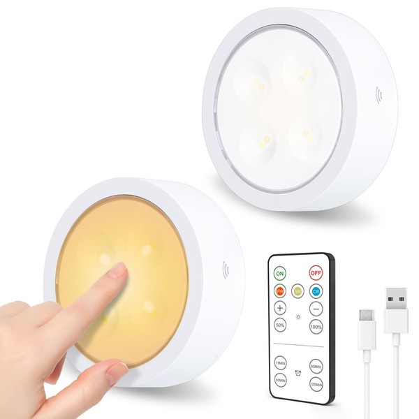 SOAIY Set of 2 LED Spotlight with Remote Control, USB C Rechargeable Under-Unit Light, Dimmable Display Cabinet Lighting, 3 Light Colours, Magnetic, Kitchen Cabinet, Display Cabinet, Touch Lamp,