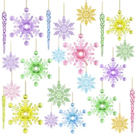 Simgoing 100 Pcs Christmas Colorful Snowflake Ornaments Icicle Ornaments Acrylic Colorful Snowflake Pendants for Christmas Tree New Year Party Decor
