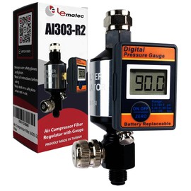 LE LEMATEC Digital Air Pressure Regulator & Filter with Water Separator, 1/4 NPT, Moisture Trap, Oil & Dirt Removal, Inline Dryer for Pneumatic Tools, Spray Paint Gun & Compressed Air System, AI303-R2