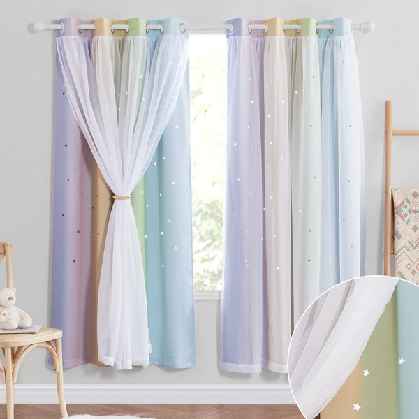 NICETOWN Nursery Curtains for Kids Bedroom, Star Cutout Girls Room Solid Room Darkening Blackout and Sheer Grommet Top Curtain Panel Rainbow Curtains for Baby Room Decor, 1 Pair, W52 x L72