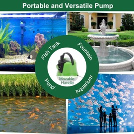 VaniaFam 6W Mini Submersible Pump 100GPH, 350L/H, Max Lift up to 2ft, Submersible Water Pump with Adjustable Switch 2 Nozzles 5ft Power Cord for Fountain, Fish Tank, Pond, Statuary, Aquarium (Green)