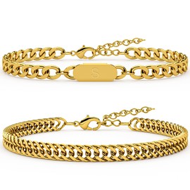 2PCS Initial Letter Cuban Bracelet, A-Z Letter Pendant Stainless Steel Gold Cuban Link Chain for Men Women Jewelry Set for Him S