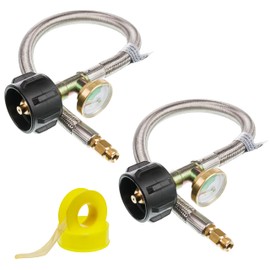 BlueStars [1/4” Inverted Male Flare] 15 inch RV Propane Hoses with Gauge - Connects QCC1, Stainless Steel Braided Camper Propane Pigtail for 5lb - 40LB Tank to 2-Stage Regulator - 2 Pack, with Tape