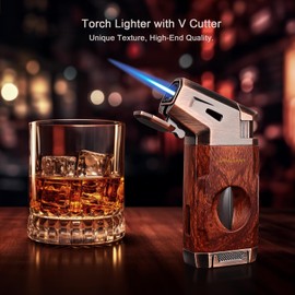 Torch Lighter with Windproof Jet Flame, Built-in V Cutter, Box for Christmas, Refillable Butane Torch Lighters, All-in-one Cool Lighters for Candle, Travel