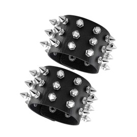 Fenglin-joy Punk Studded Bracelet, 3-Piece Rivet Bracelet, Leather, Black, Gothic Bangle Rock Bracelet Set, Adjustable Cuff for Men, Women, Cosplay Party, Leather