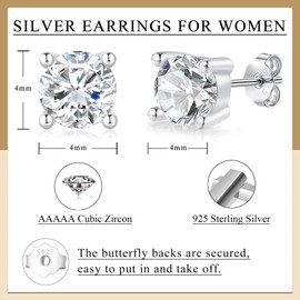 Loutade Silver Stud Earrings for Women, 925 Sterling Silver Studs Earrings for Sensitive Ears, Hypoallergenic Dainty Cubic Zircon Round 4mm CZ Small Cartilage Sleeper Ear Studs for Women Men Girls