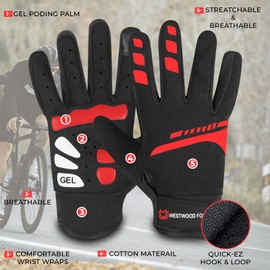 WESTWOOD FOX Cycling Gloves for Men Women, Non-Slip Gloves, Breathable Gloves for MTB, BMX, ATV, Road Racing, Cycling, Climbing and Outdoor Sports (Red, XL)