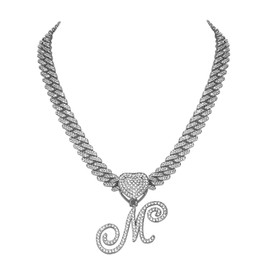 Flongo Women's Necklace Silver Necklace: Gold Iced Out Cuban Link Chain Kuban Plate Chain Statement Curb Chain Fashion Jewellery Women Choker Hip Hop Jewellery Chains with A Pendant Gift for Men