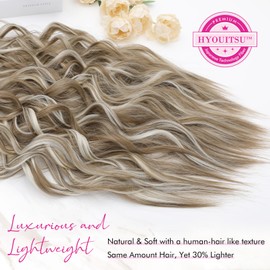 REECHO Clip in Hair Extensions, 4PCS 24" Thick Long Beach Waves hair extensions HE003 Invisible Lace Weft Natural Soft Hairpieces for Women – Ash Brown with Platinum Highlights