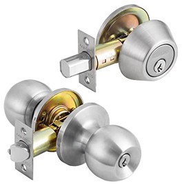 NeuType 1 Pack Satin Nickel Front Door Lock Set Front Door Handle Sets with Single Cylinder Deadbolt and Keyed Entry Door Knob, Compatible with Right & Left Handed Doors