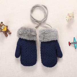 Toddler Kids Winter Warm Cozy Short Knitted Gloves Thicken Plush Lining Outdoor Hands Warmer Mittens With String for, 1-3 Yrs, Blue