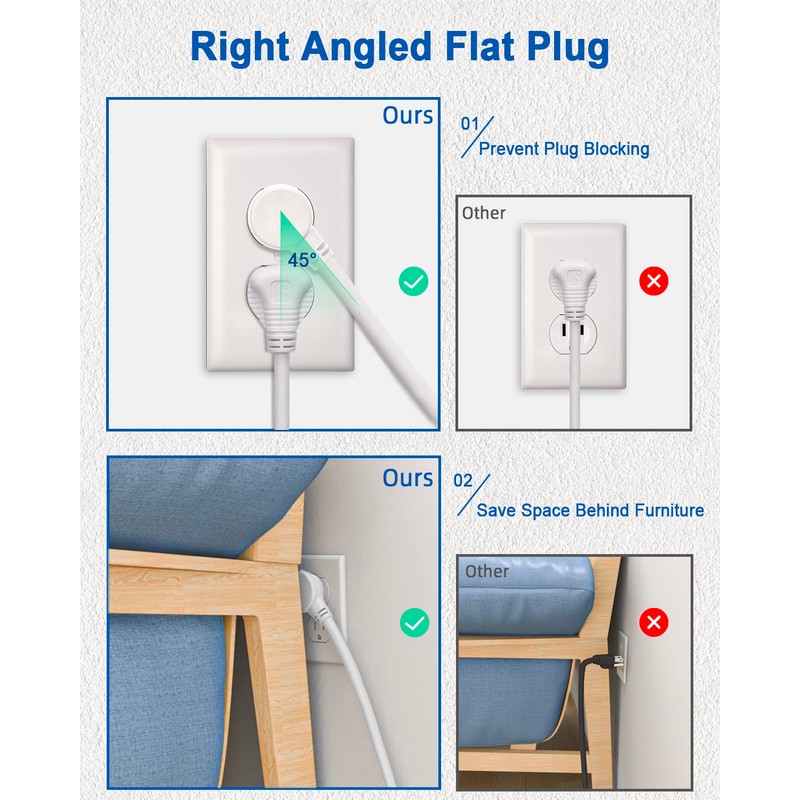 Flat Plug Power Strip Individual Switches, Extension Cord 3 feet,