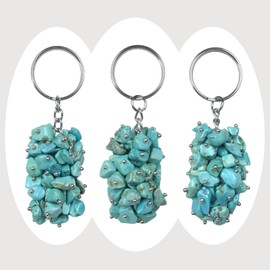RECKSI Polished Crystal Chip Stones Keyring for Car Key Healing Quartz Key Chain for Bag Decor, Green Howlite Turquoise