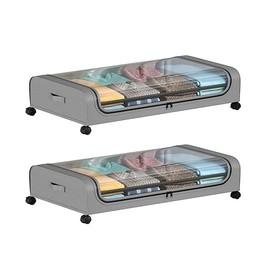 2 Pack UnderBed Storage with Wheels - Large Under Bed Storage with Clear Lid, Underbed Rolling Storage Containers for Shoes, Clothes, Blankets, Books, Toys (Grey-B)