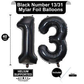 40 Inch Black 13 Number Balloons Giant Jumbo Huge 13 or 31 Foil Mylar Helium Number Digital Balloons Black Birthday Mylar Digital Balloons 13th 31st Birthday Anniversary Events Party Decorations