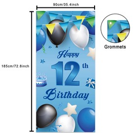 Happy 12th Birthday Blue Banner Backdrop Balloons Stars Confetti Cheers to 12 years Old Theme Decorations Door Porch Decor Gifts for Boys 12 Birthday Party 12 Anniversary Supplies