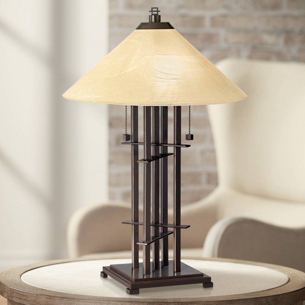 Metro Collection Planes 'n' Posts Mission Rustic Accent Table Lamp 23.5" High Bronze Cone Alabaster Art Glass Shade Decor for Living Room Bedroom House Bedside Nightstand Home - Franklin Iron Works
