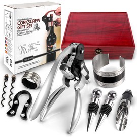 Wine Bottle Opener Corkscrew Set, 9 pieces Wine Accessories Set in Shiny Wooden Box – Wine Opener Kit with Wine Stopper, Aerator Pourer, Wine Ring, Thermometer, Foil Cutter and Extra Spiral