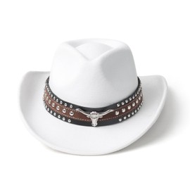 SIPAMEDO Classic Western Felt Cowboy Cowgirl Hat for Women Men Wide Brim Belt Buckle Cowboy Hat-White