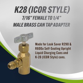 Leak Saver K28 (ICOR Style) 7/16” Female to 1/4” Male Brass Can Tap Adapter for Use Upright Charging Self-Sealing Refrigerant Cans and K-28 Compatible Refrigerant Cans - Made in USA