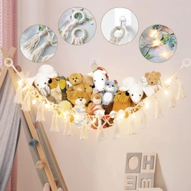 Dremisland Stuffed Animal Toy Hammock with Fairy Lights Macrame Boho Plush Toy Net Hammock with wood BeadsTassels-Stuff Animals Organizer Storage Corner Plush Toys Net Holder for Nursery Play Room, Kids Bedroom