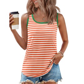 ZESICA Women's Summer Casual Striped Tank Top Sleeveless Scoop Neck Loose Fit Color Block Tops 2025 Fashion Clothes,Orange,X-Large