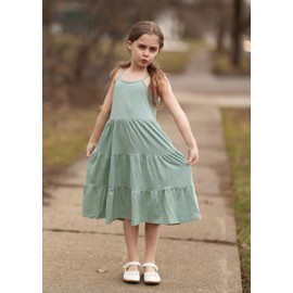 Arshiner Big Girl's Summer Sundress Boho Strap Casual Sleeveless Tiered Swing Cami Dresses with Pockets for 9-10 Years Light Green