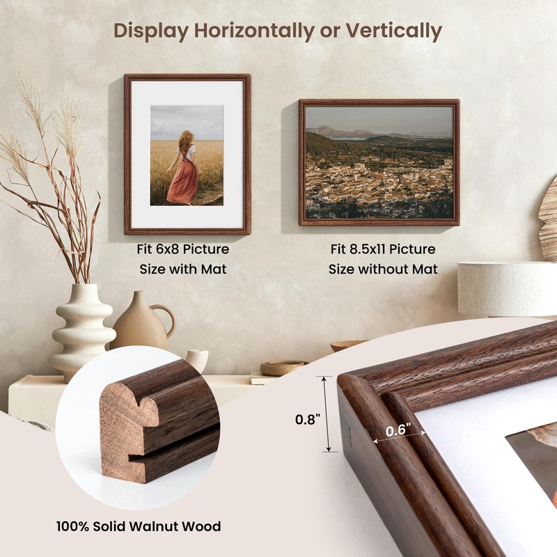 RICHFOCUS 8.5x11 Picture Frame, Natural Solid Walnut Wood Picture Frame