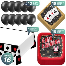 Magic Party Supplies - Magician Square Paper Dessert Plates, Playing Card Beverage Napkins, Plastic Table Cover, & Black Balloons Set (Serves 16)