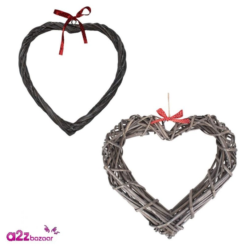 Grey Wash Willow Wide Heart Wreath With Red Spotty Ribbon