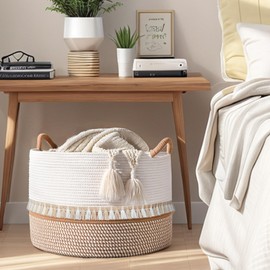 Quincunx Large Cotton Rope Basket (20"x13") - Premium Storage Solution for Blankets, Laundry, and Toys in White/Brown