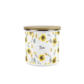 Purely Home Sunflowers Tea Storage Canister - White Floral Metal Enamel Medium Sized Food Storage Container