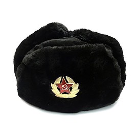 Winter Fur Ushanka Russian Hat with Secret Pocket and RED Star Emblem (Removable) (3X-Large, Black)