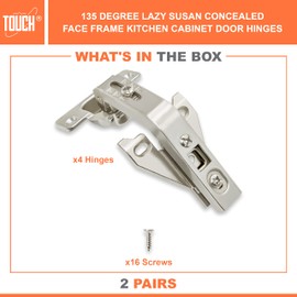 TOUCH Cabinet Hinges (2 Pairs, 4 PCS) Face Frame 135 Degree Bi-Fold Clip-on Lazy Susan Self Close Cupboard Door 3-Way Adjustable Folding Kitchen Corner Cabinet Hinges with Screws