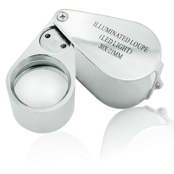 30X Illuminated Jeweler LED UV Lens Loupe Magnifier with Metal Construction and Optical Glass, with Kare and Kind Retail Package (30X x 21 mm, Silver)