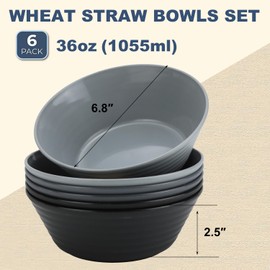 Wrova Wheat Straw Bowl Sets,6 PCS Unbreakable Cereal Bowl 36 OZ,Microwave and Dishwasher Safe Bowls,Soup Bowl Sets BPA Free Eco Friendly Bowl for Serving Soup,Oatmeal and Salad （Black Grey）